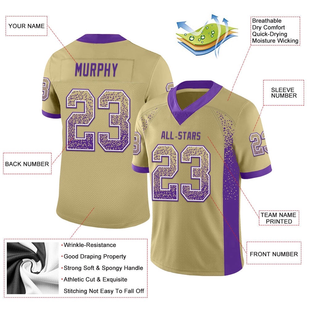 Vegas Gold Purple White Mesh Drift Fashion Football Jersey, Personalized Football Jersey, Football Team Jersey, Football Outfits Vegas Gold Purple White Mesh Drift Fashion Football Jersey, Personalized Football Jersey, Football Team Jersey, Football Outfits
