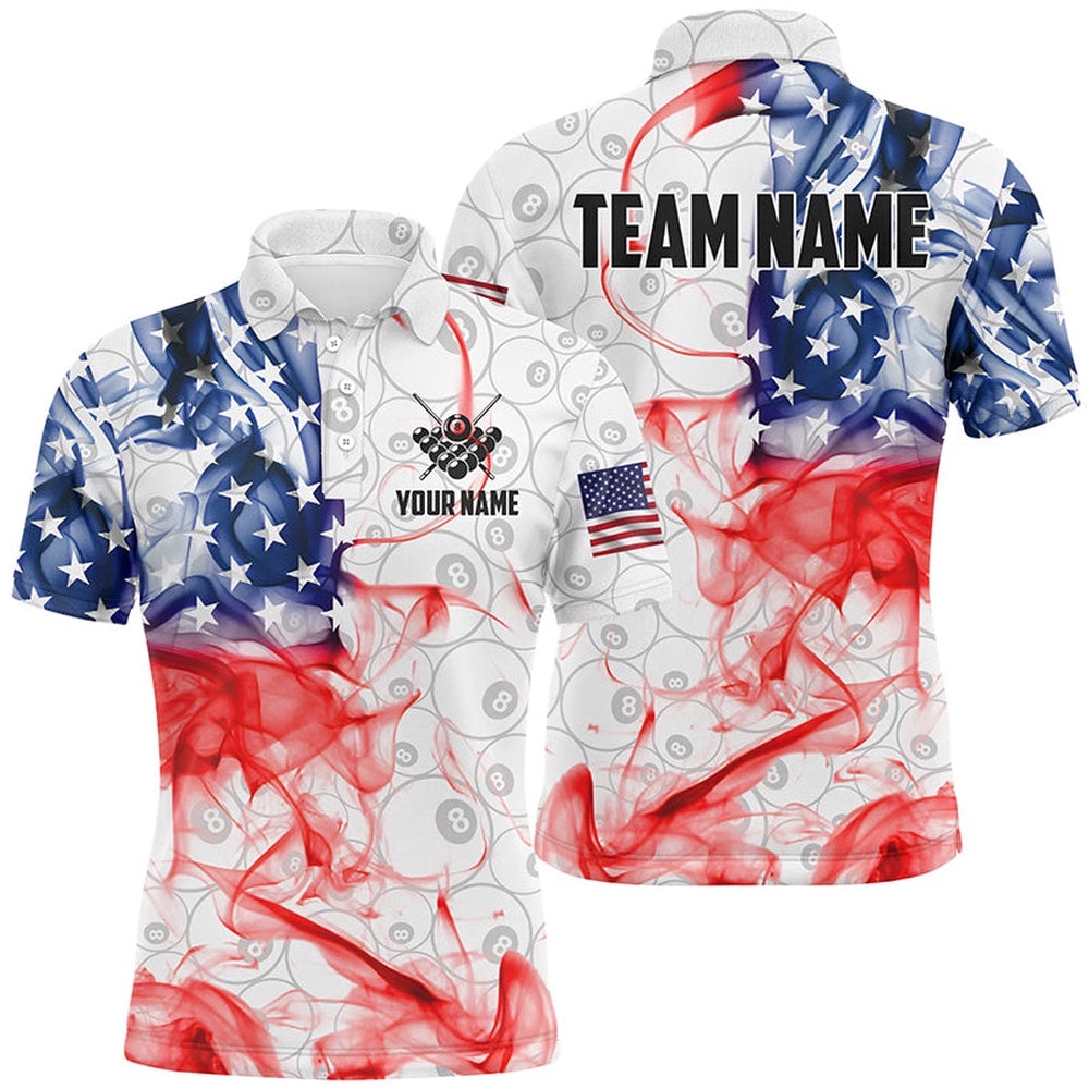 Vintage Smoke US Flag Billiard 3D Polo Shirts, White 8 Ball Pool Team Polo, Personalized Billiard Polo Shirt