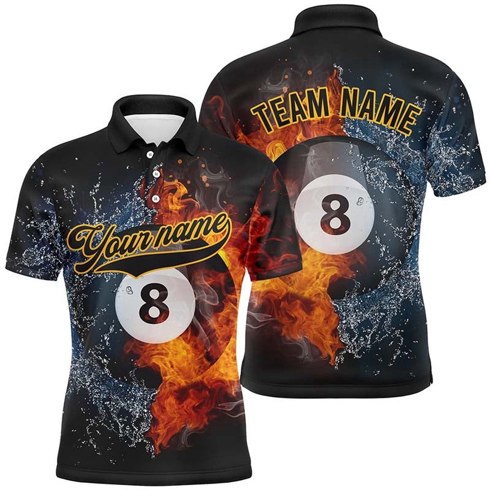 Water And Fire Name All Over Print Polo Shirts Custom Gifts For Billiard Team, Personalized Billiard Polo Shirt