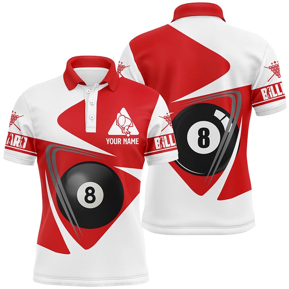 White And Red 8 Ball Billiards Polo Shirts, Custom Player Billiards Shirts, Personalized Billiard Polo Shirt