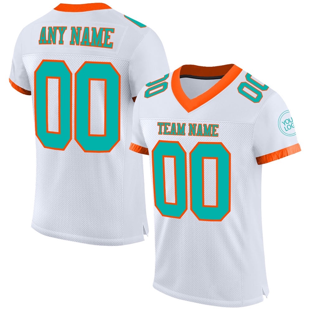 White Aqua Orange Mesh Authentic Football Jersey, Personalized Football Jersey, Football Team Jersey, Football Outfits White Aqua Orange Mesh Authentic Football Jersey, Personalized Football Jersey, Football Team Jersey, Football Outfits