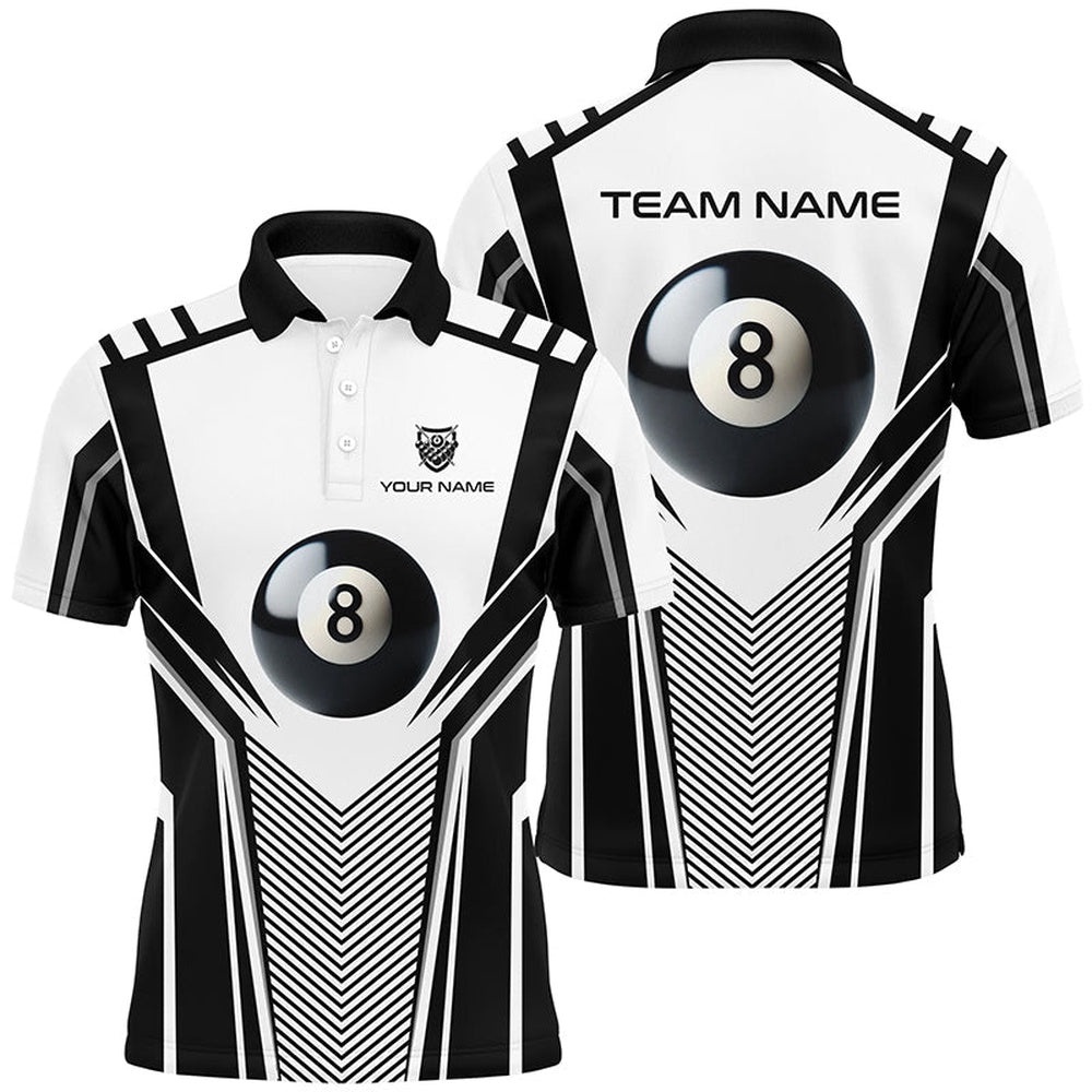 White Black 8 Ball Billiard 3D Polo Shirts, Custom Pool Billiard Balls Polo, Personalized Billiard Polo Shirt