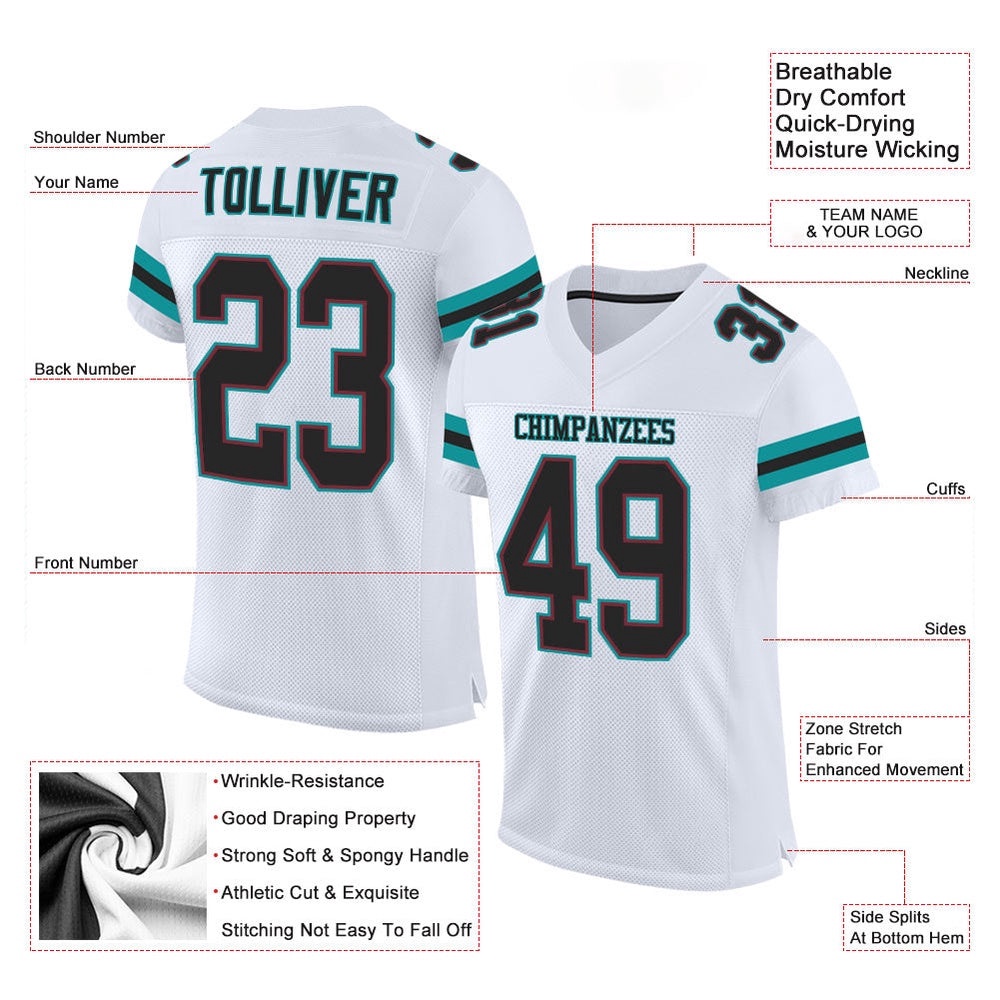 White Black Aqua Mesh Authentic Football Jersey, Personalized Football Jersey, Football Team Jersey, Football Outfits White Black Aqua Mesh Authentic Football Jersey, Personalized Football Jersey, Football Team Jersey, Football Outfits
