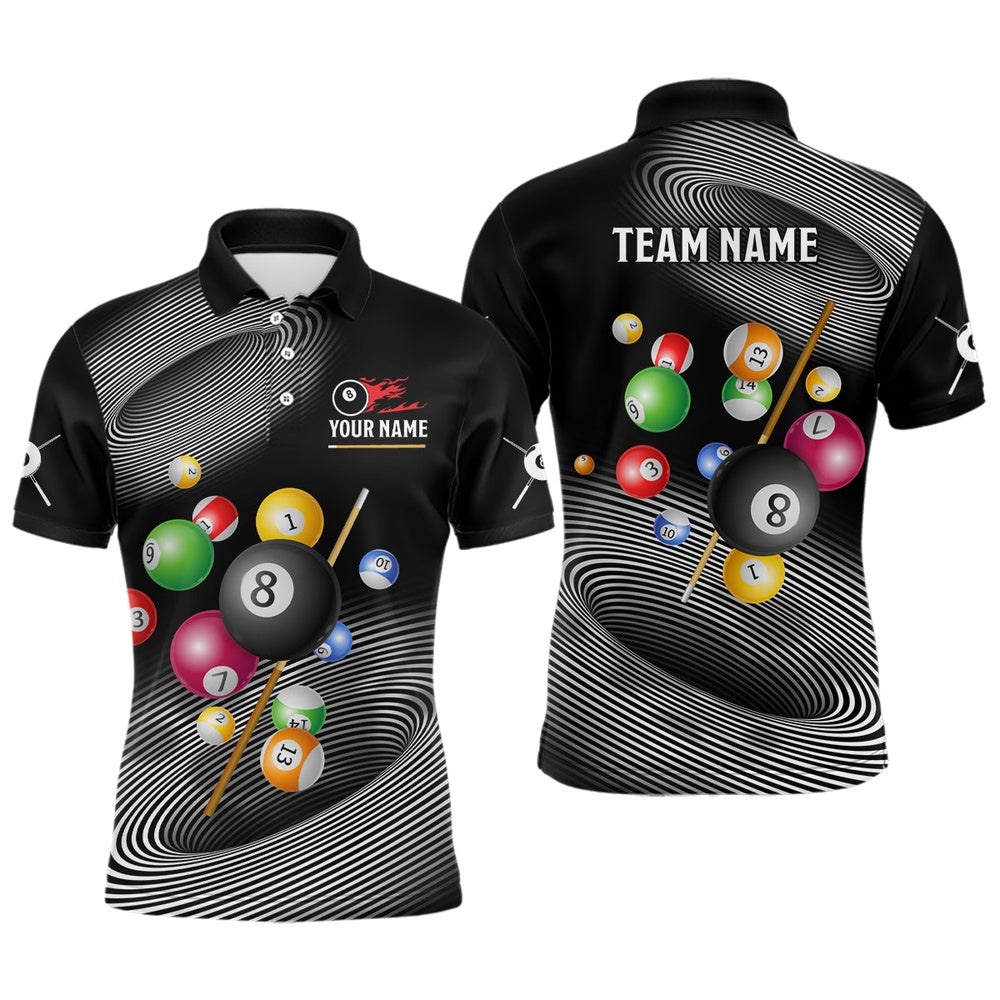 White Black Billiard Ballls 3D Polo Shirts, Custom 8 Ball Pool Team Shirts, Personalized Billiard Polo Shirt
