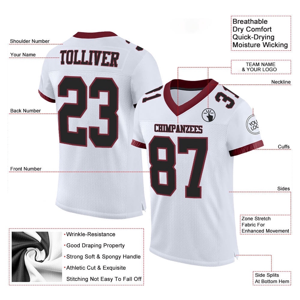 White Black Burgundy Mesh Authentic Football Jersey, Personalized Football Jersey, Football Team Jersey, Football Outfits White Black Burgundy Mesh Authentic Football Jersey, Personalized Football Jersey, Football Team Jersey, Football Outfits