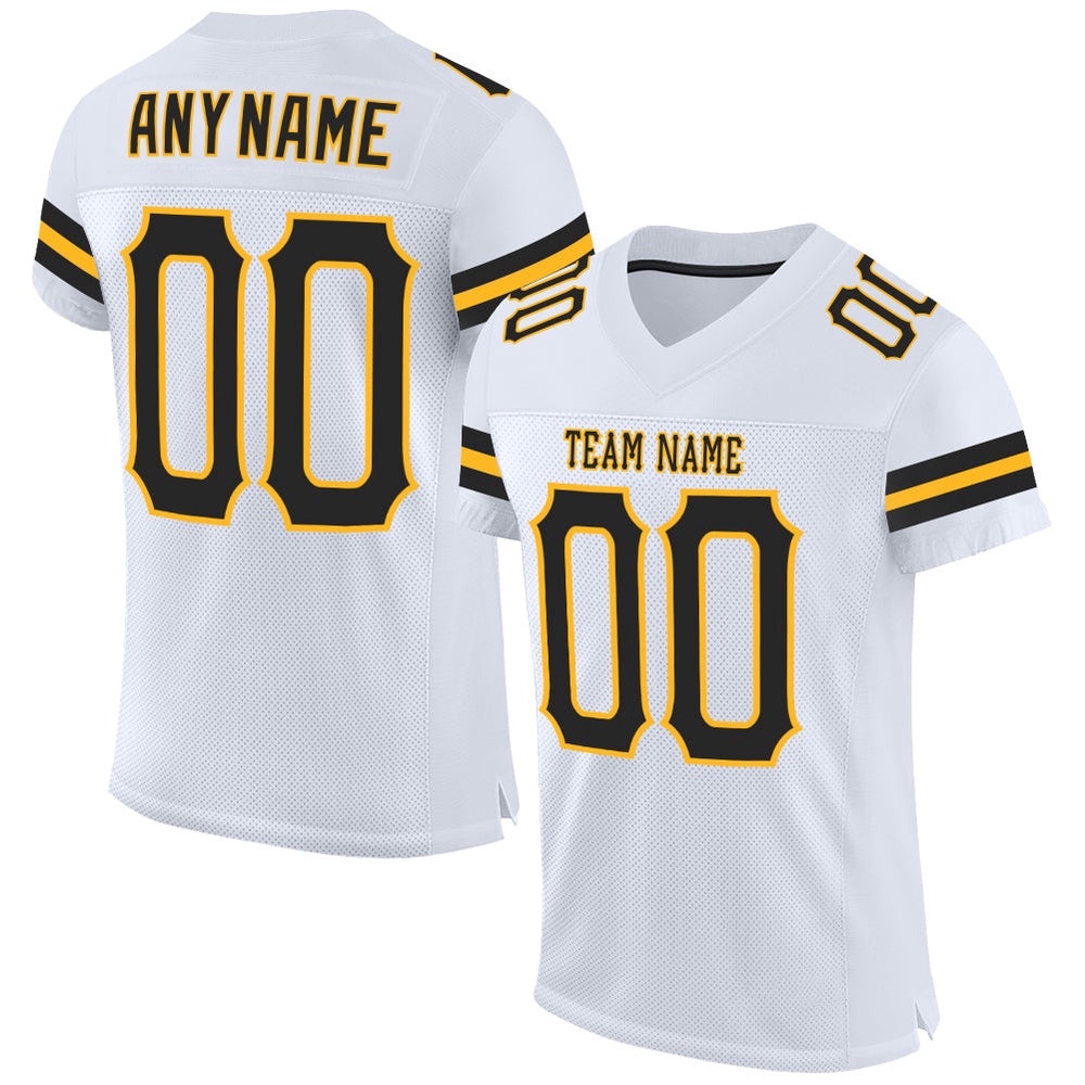 White Black Gold Mesh Authentic Football Jersey, Personalized Football Jersey, Football Team Jersey, Football Outfits White Black Gold Mesh Authentic Football Jersey, Personalized Football Jersey, Football Team Jersey, Football Outfits