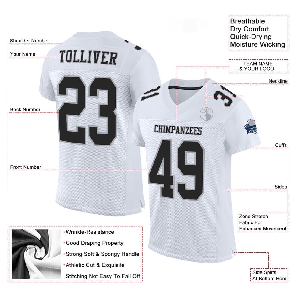 White Black Gray Mesh Authentic Football Jersey, Personalized Football Jersey, Football Team Jersey, Football Outfits White Black Gray Mesh Authentic Football Jersey, Personalized Football Jersey, Football Team Jersey, Football Outfits