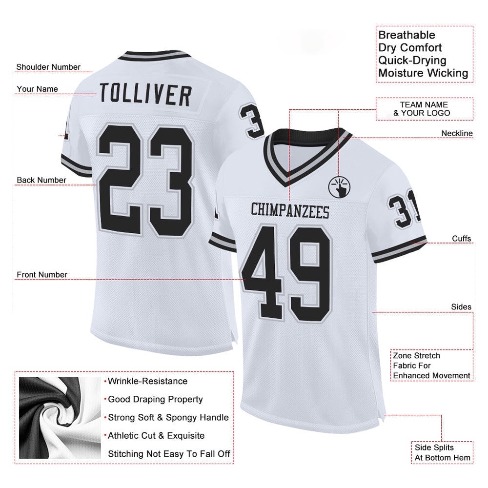 White Black Gray Mesh Authentic Throwback Football Jersey, Personalized Football Jersey, Football Team Jersey, Football Outfits