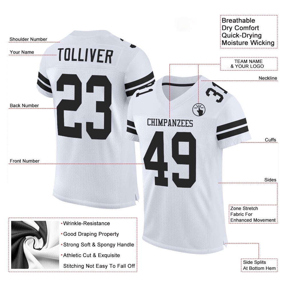 White Black Mesh Authentic Football Jersey, Personalized Football Jersey, Football Team Jersey, Football Outfits