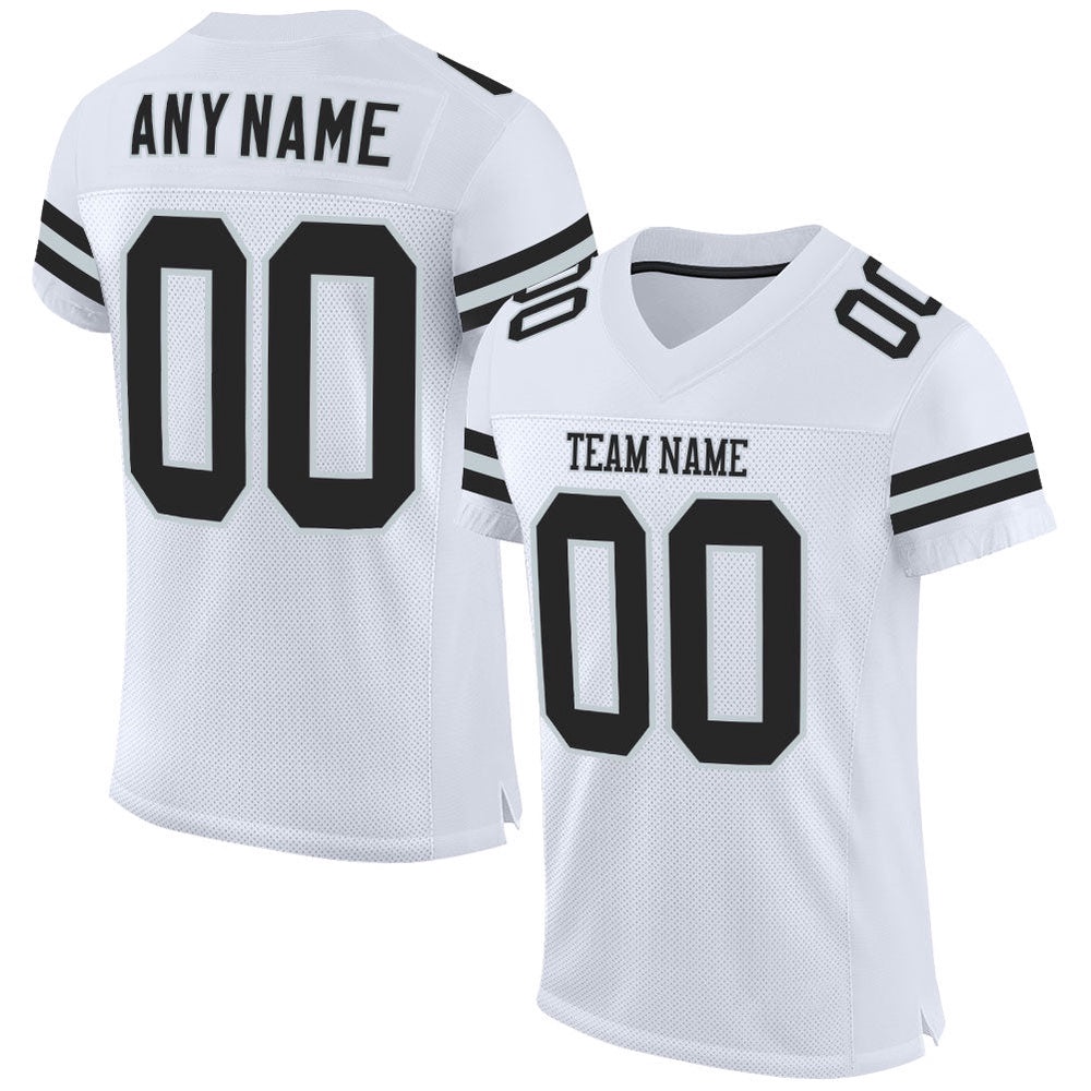 White Black Silver Mesh Authentic Football Jersey, Personalized Football Jersey, Football Team Jersey, Football Outfits White Black Silver Mesh Authentic Football Jersey, Personalized Football Jersey, Football Team Jersey, Football Outfits