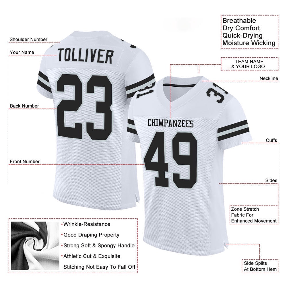 White Black Silver Mesh Authentic Football Jersey, Personalized Football Jersey, Football Team Jersey, Football Outfits White Black Silver Mesh Authentic Football Jersey, Personalized Football Jersey, Football Team Jersey, Football Outfits