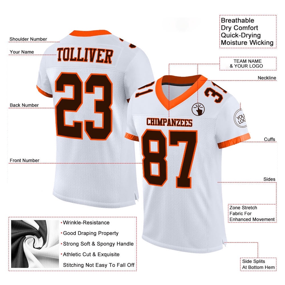 White Brown Orange Mesh Authentic Football Jersey, Personalized Football Jersey, Football Team Jersey, Football Outfits White Brown Orange Mesh Authentic Football Jersey, Personalized Football Jersey, Football Team Jersey, Football Outfits