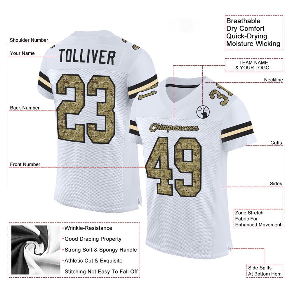White Camo Black Mesh Authentic Football Jersey, Personalized Football Jersey, Football Team Jersey, Football Outfits