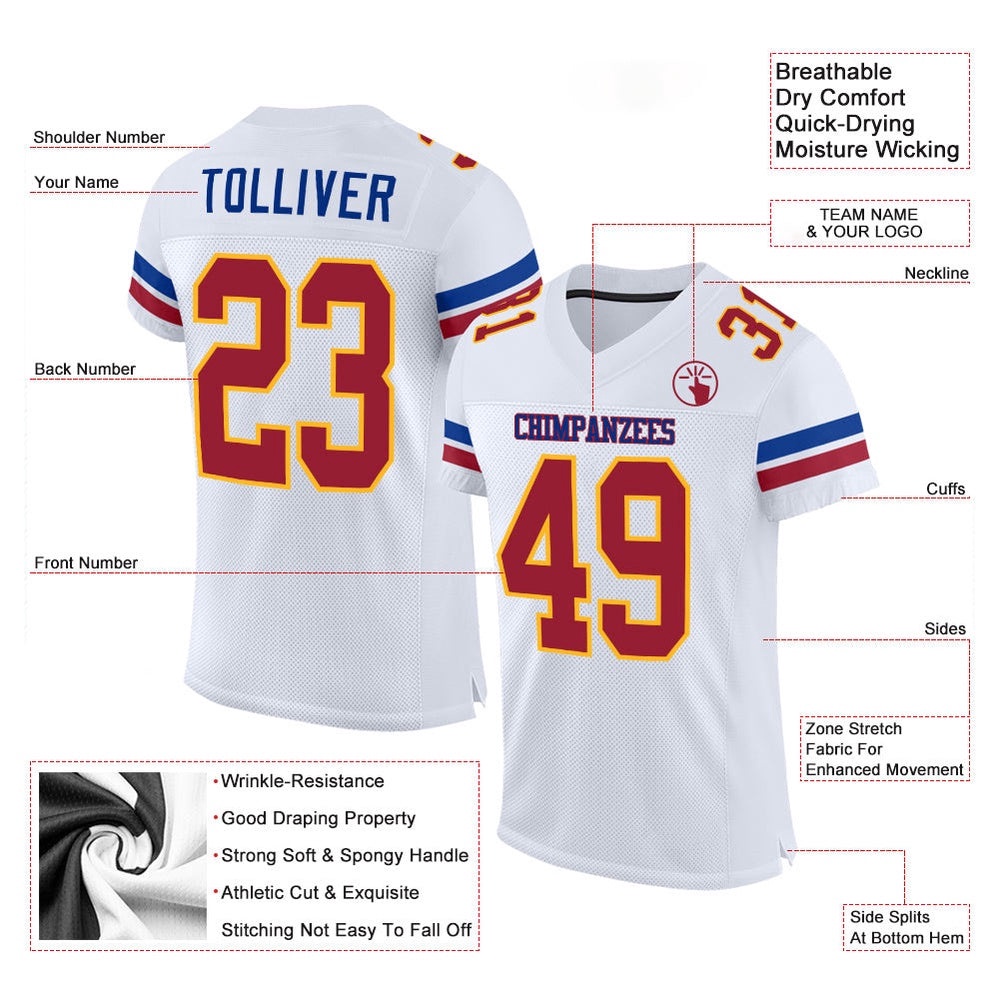 White Cardinal Gold Mesh Authentic Football Jersey, Personalized Football Jersey, Football Team Jersey, Football Outfits