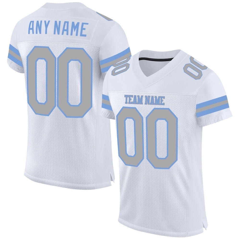 White Gray Light Blue Mesh Authentic Football Jersey, Personalized Football Jersey, Football Team Jersey, Football Outfits