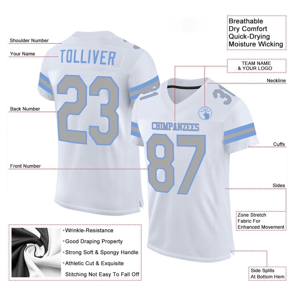 White Gray Light Blue Mesh Authentic Football Jersey, Personalized Football Jersey, Football Team Jersey, Football Outfits
