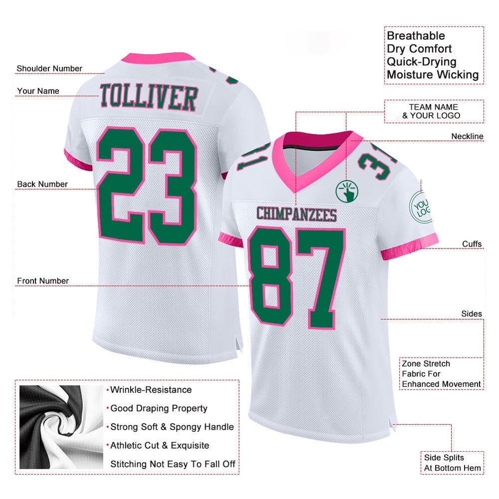 White Kelly Green Pink Mesh Authentic Football Jersey, Personalized Football Jersey, Football Team Jersey, Football Outfits