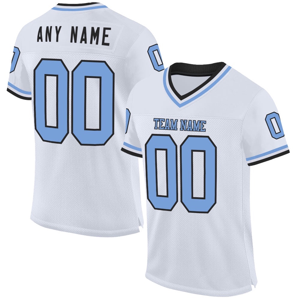 White Light Blue Black Mesh Authentic Throwback Football Jersey, Personalized Football Jersey, Football Team Jersey, Football Outfits White Light Blue Black Mesh Authentic Throwback Football Jersey, Personalized Football Jersey, Football Team Jersey, Football Outfits