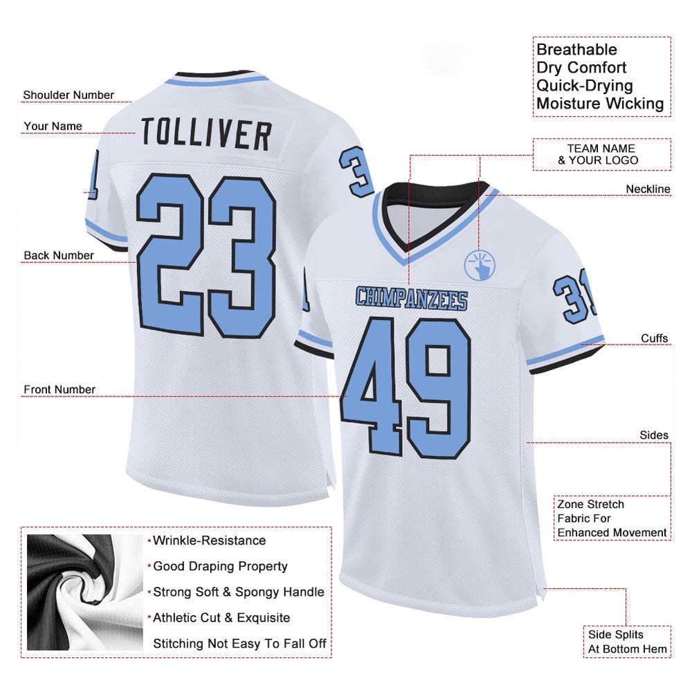 White Light Blue Black Mesh Authentic Throwback Football Jersey, Personalized Football Jersey, Football Team Jersey, Football Outfits White Light Blue Black Mesh Authentic Throwback Football Jersey, Personalized Football Jersey, Football Team Jersey, Football Outfits