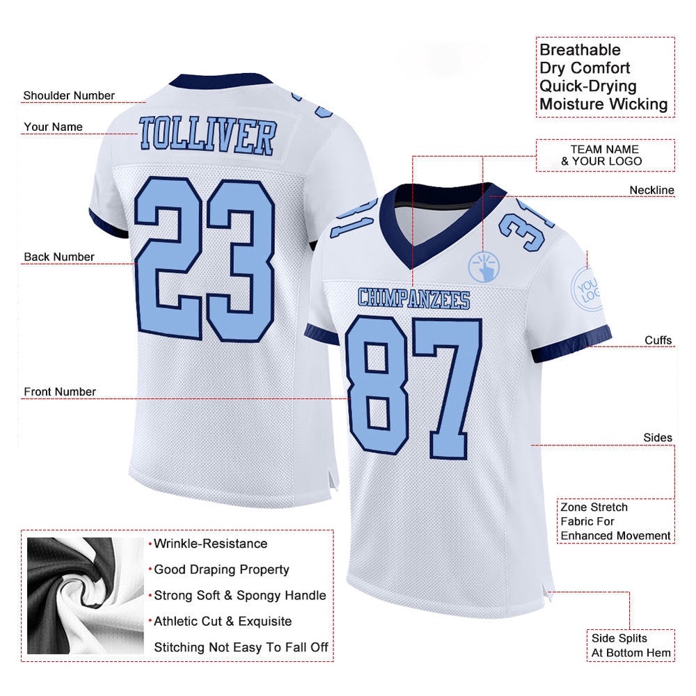 White Light Blue Navy Mesh Authentic Football Jersey, Personalized Football Jersey, Football Team Jersey, Football Outfits