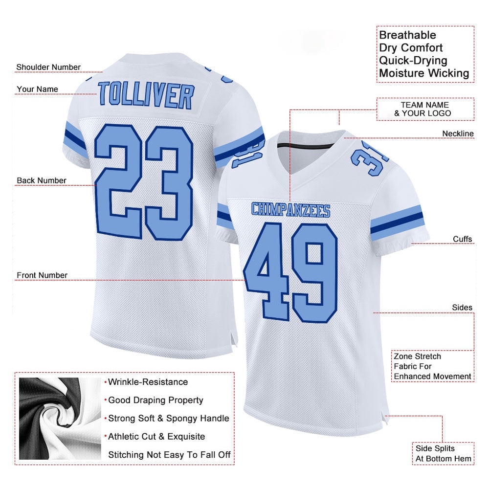 White Light Blue Royal Mesh Authentic Football Jersey, Personalized Football Jersey, Football Team Jersey, Football Outfits