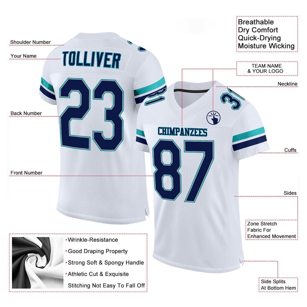 White Navy Aqua Mesh Authentic Football Jersey, Personalized Football Jersey, Football Team Jersey, Football Outfits White Navy Aqua Mesh Authentic Football Jersey, Personalized Football Jersey, Football Team Jersey, Football Outfits