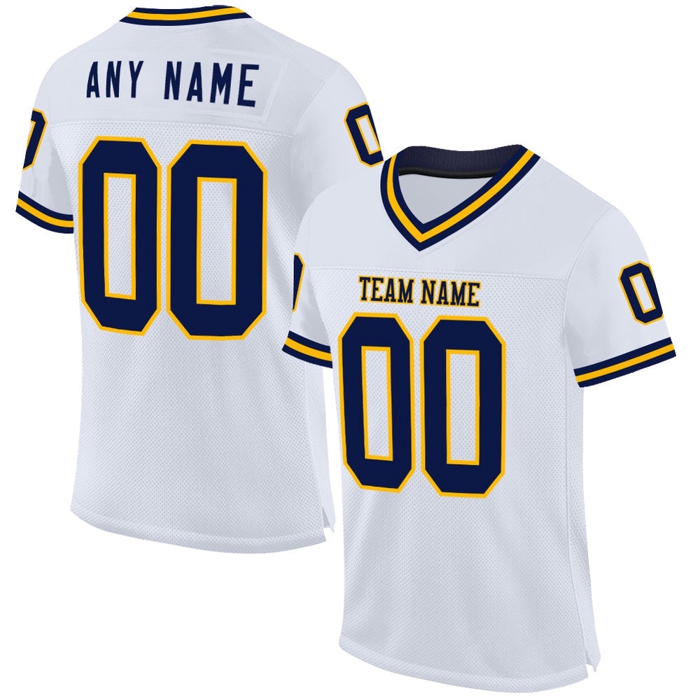 White Navy Gold Mesh Authentic Throwback Football Jersey, Personalized Football Jersey, Football Team Jersey, Football Outfits