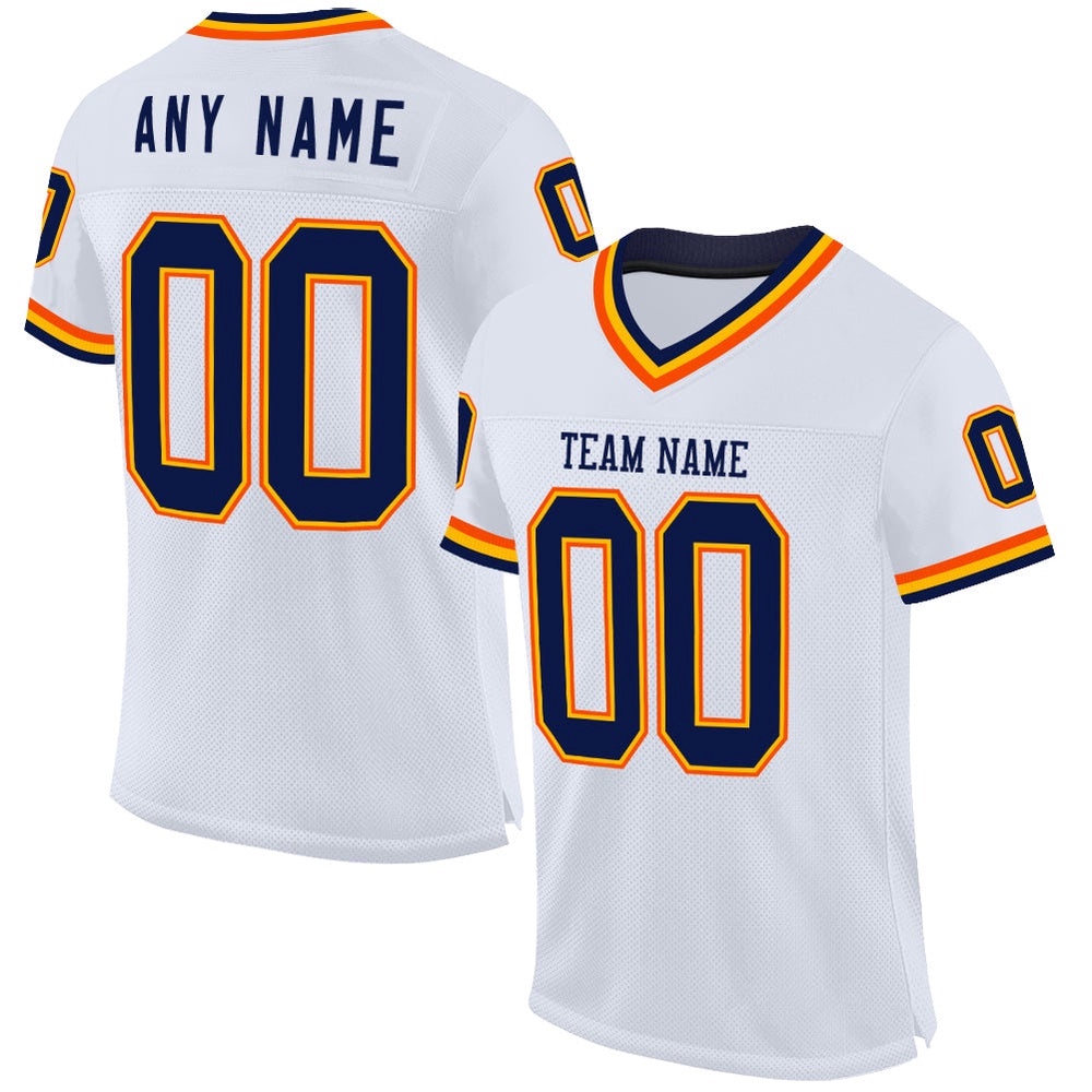 White Navy Gold Orange Mesh Authentic Throwback Football Jersey, Personalized Football Jersey, Football Team Jersey, Football Outfits White Navy Gold Orange Mesh Authentic Throwback Football Jersey, Personalized Football Jersey, Football Team Jersey, Football Outfits