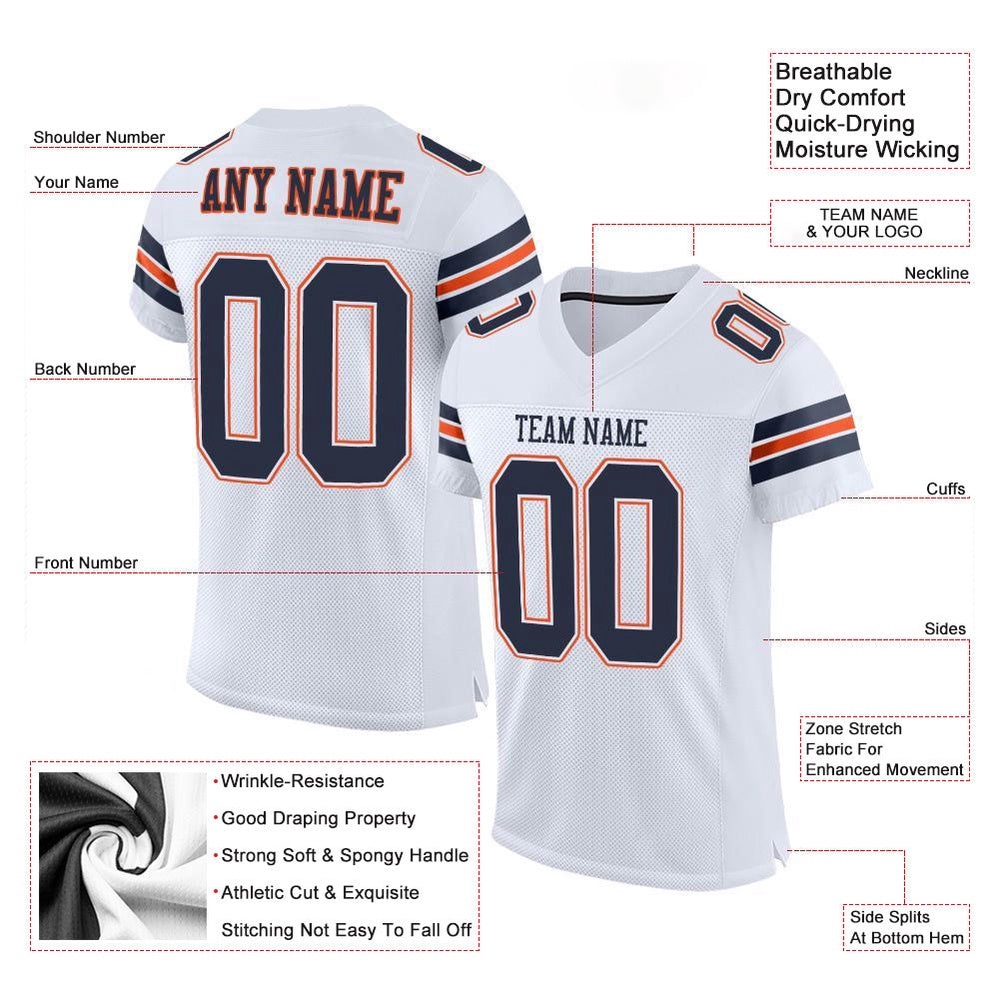 White Navy Orange Mesh Authentic Football Jersey, Personalized Football Jersey, Football Team Jersey, Football Outfits