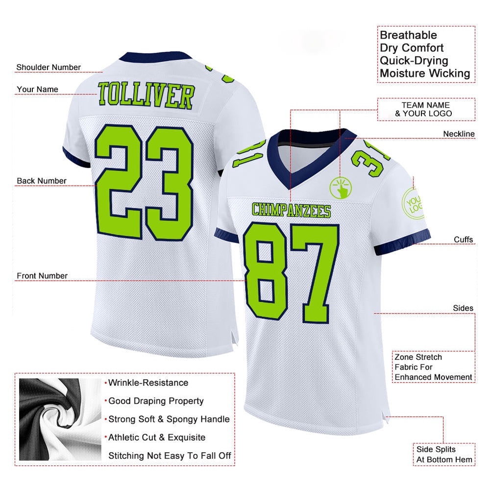 White Neon Green Navy Mesh Authentic Football Jersey, Personalized Football Jersey, Football Team Jersey, Football Outfits