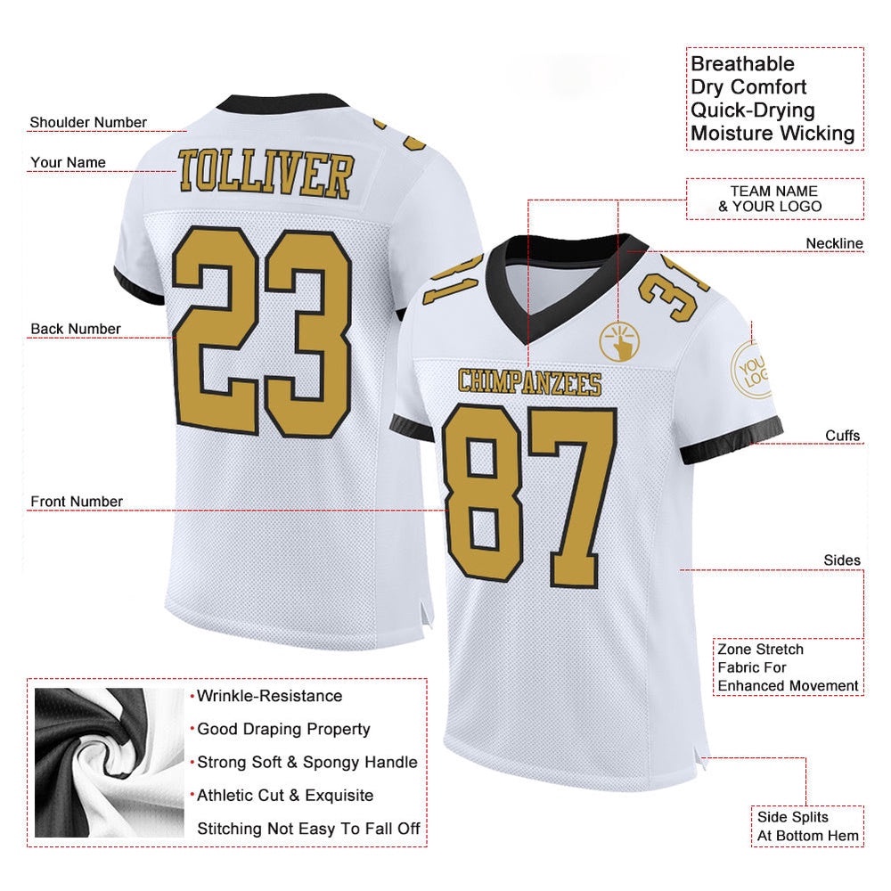White Old Gold Black Mesh Authentic Football Jersey, Personalized Football Jersey, Football Team Jersey, Football Outfits