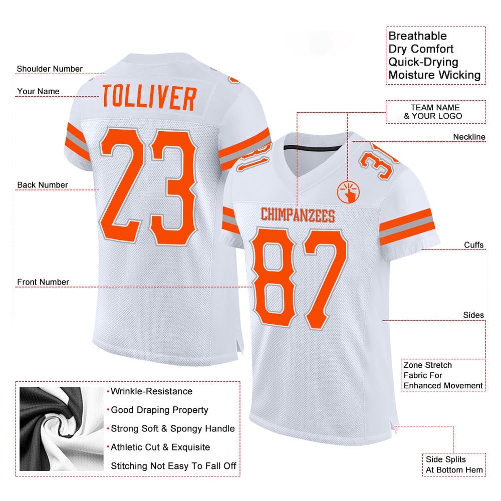 White Orange Gray Mesh Authentic Football Jersey, Personalized Football Jersey, Football Team Jersey, Football Outfits