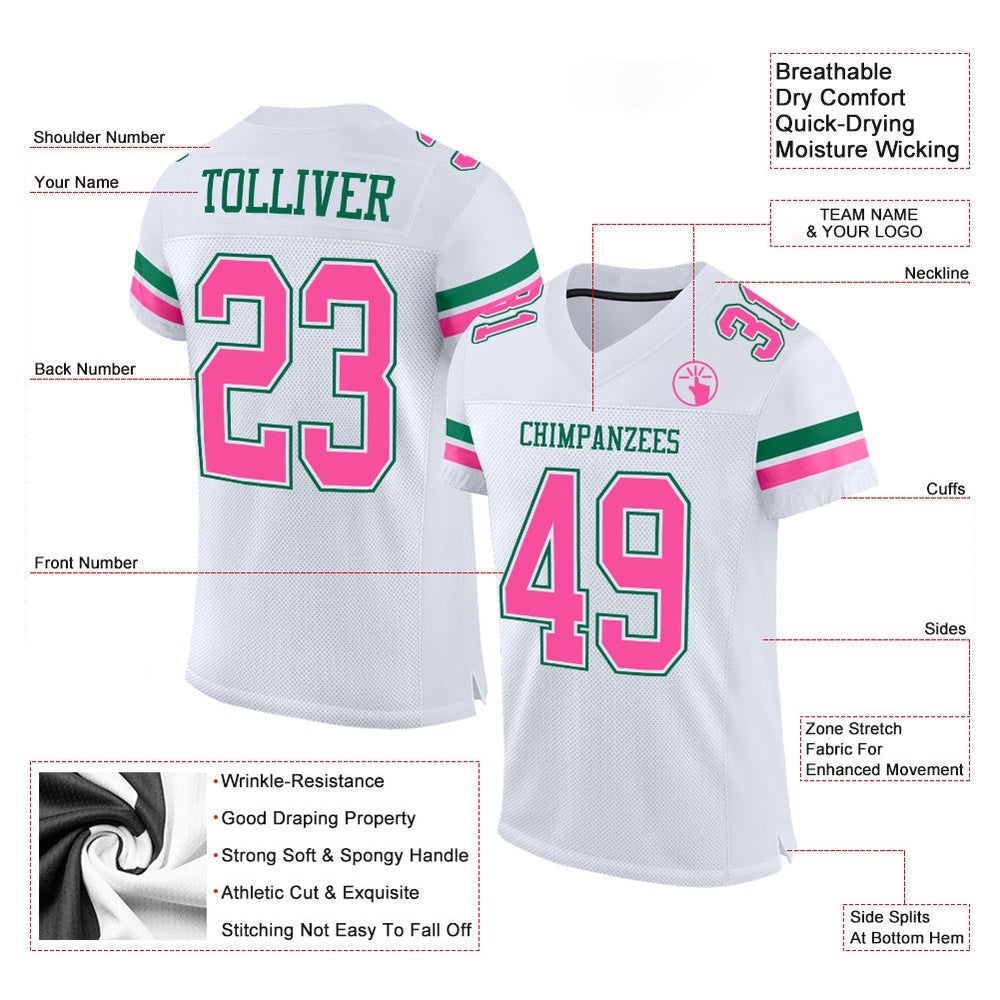 White Pink Kelly Green Mesh Authentic Football Jersey, Personalized Football Jersey, Football Team Jersey, Football Outfits White Pink Kelly Green Mesh Authentic Football Jersey, Personalized Football Jersey, Football Team Jersey, Football Outfits