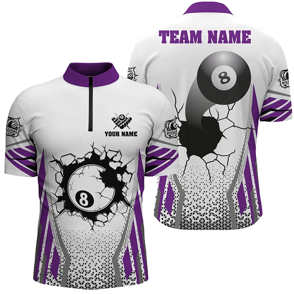 White Purple 8 Ball Pool Cracked Wall Jersey Shirts, Custom Billiard Attire Jerseys, Personalized Billiard Team Jersey Shirt