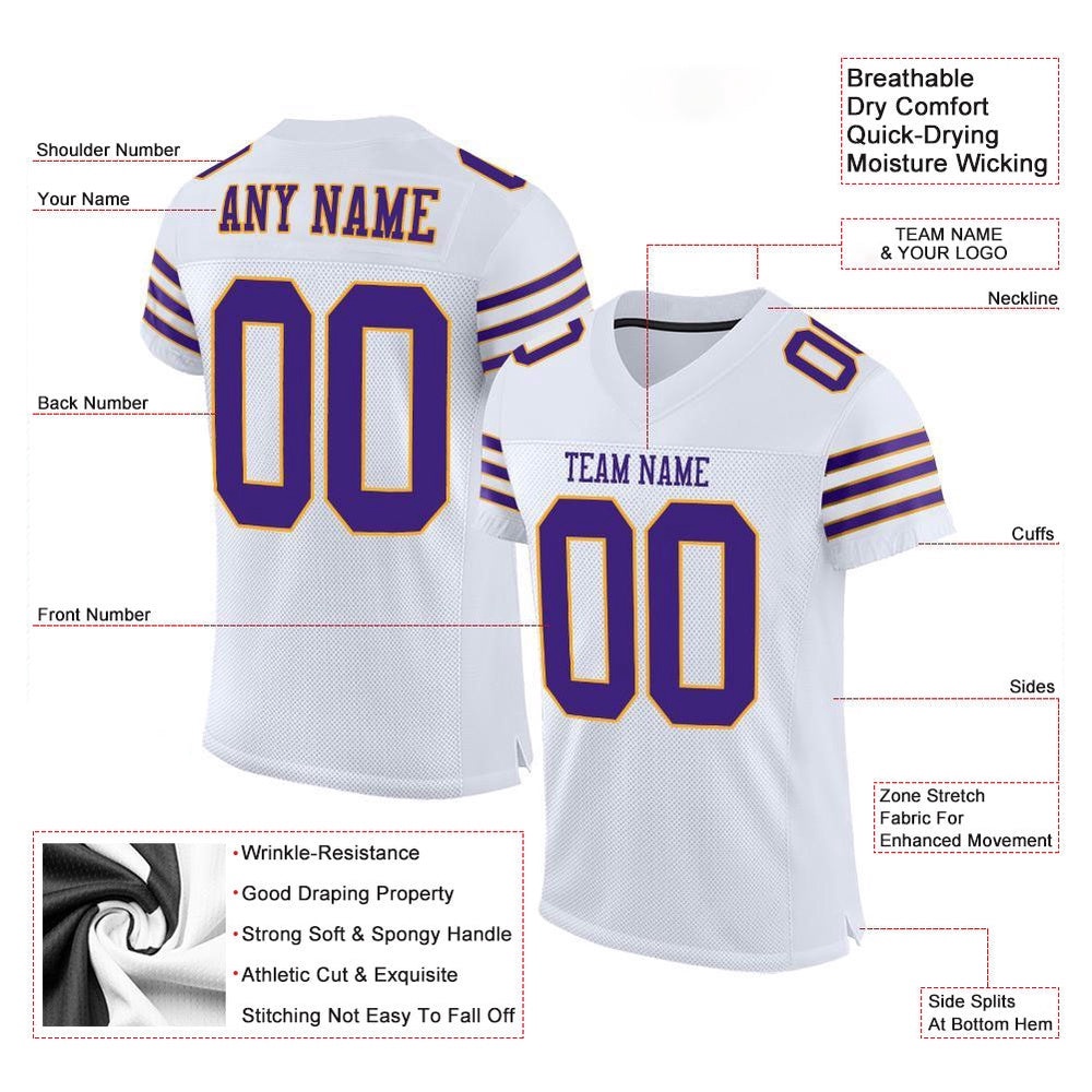 White Purple Gold Mesh Authentic Football Jersey, Personalized Football Jersey, Football Team Jersey, Football Outfits White Purple Gold Mesh Authentic Football Jersey, Personalized Football Jersey, Football Team Jersey, Football Outfits