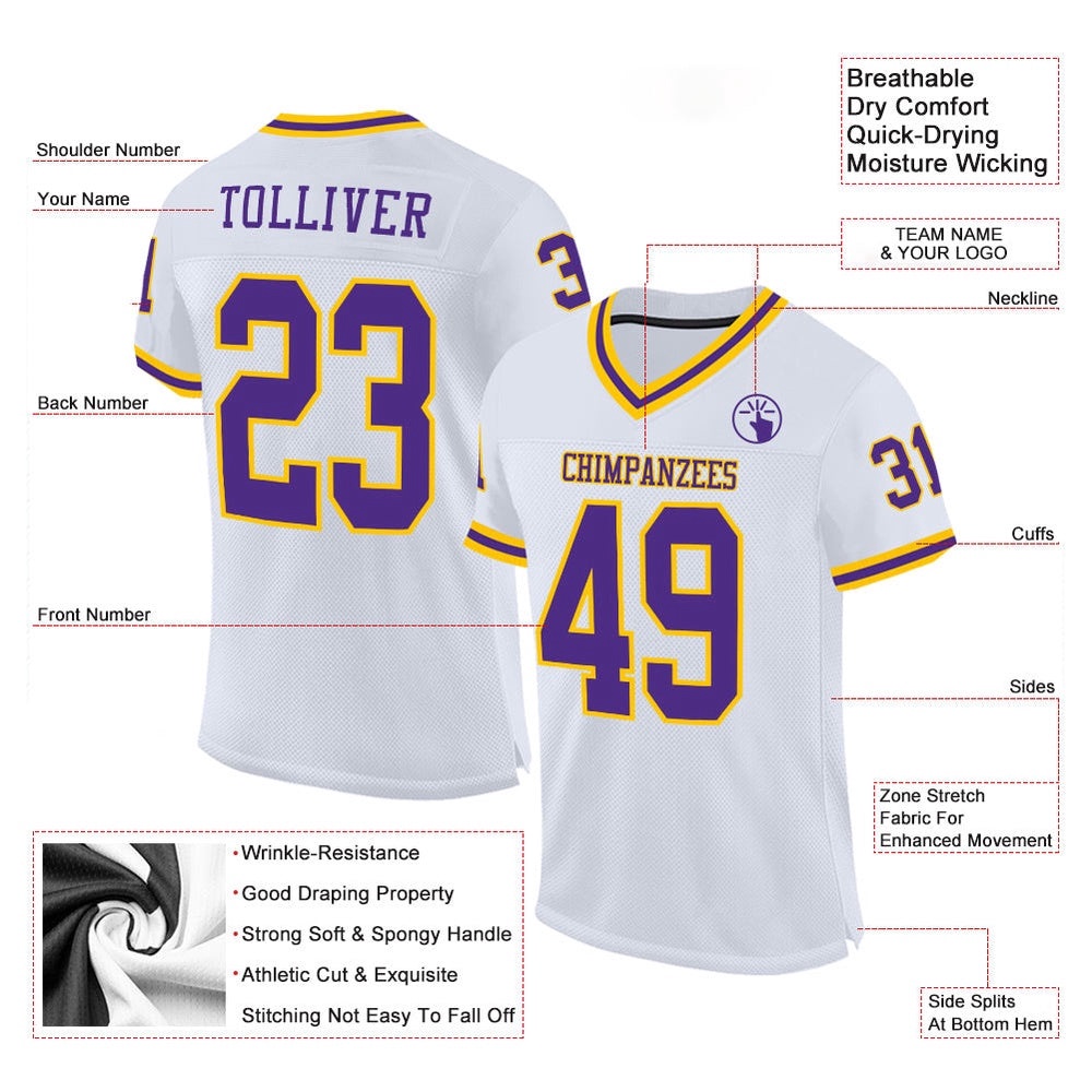 White Purple Gold Mesh Authentic Throwback Football Jersey, Personalized Football Jersey, Football Team Jersey, Football Outfits White Purple Gold Mesh Authentic Throwback Football Jersey, Personalized Football Jersey, Football Team Jersey, Football Outfits