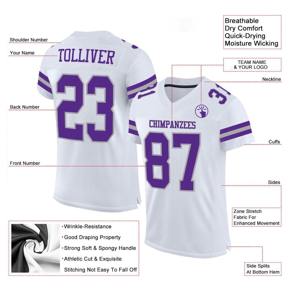 White Purple Gray Mesh Authentic Football Jersey, Personalized Football Jersey, Football Team Jersey, Football Outfits White Purple Gray Mesh Authentic Football Jersey, Personalized Football Jersey, Football Team Jersey, Football Outfits