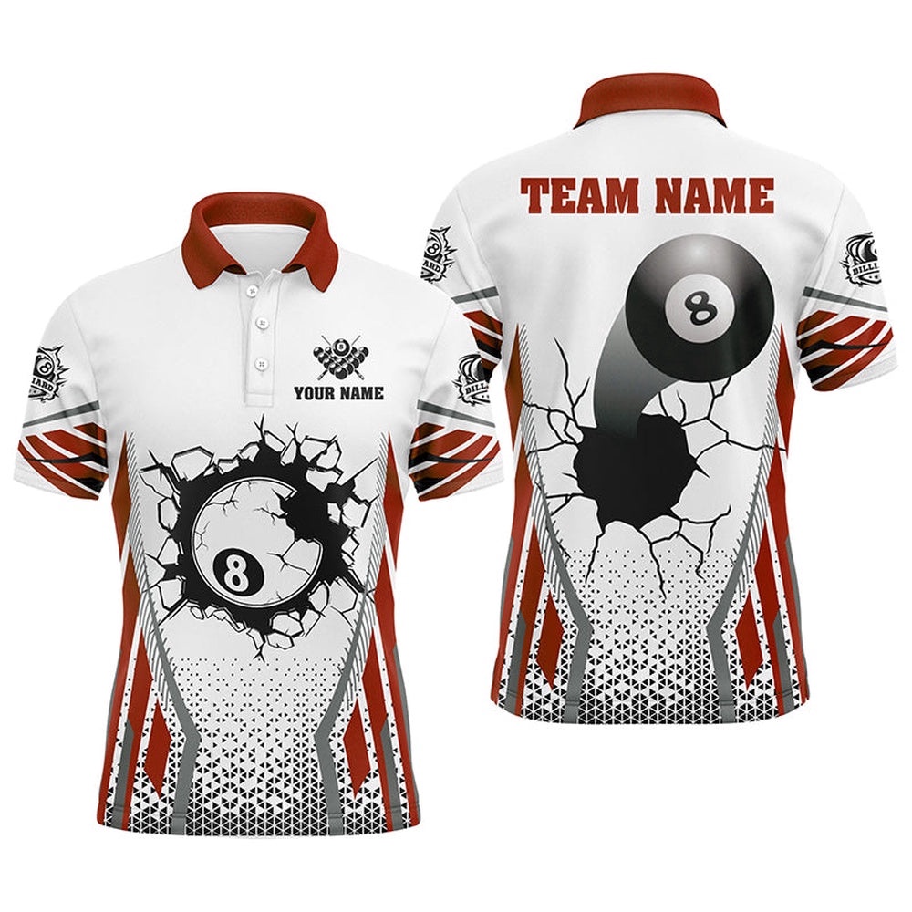 White Red 8 Ball Pool Cracked Wall Polo Shirts, Custom Billiard Attire Polo, Personalized Billiard Polo Shirt