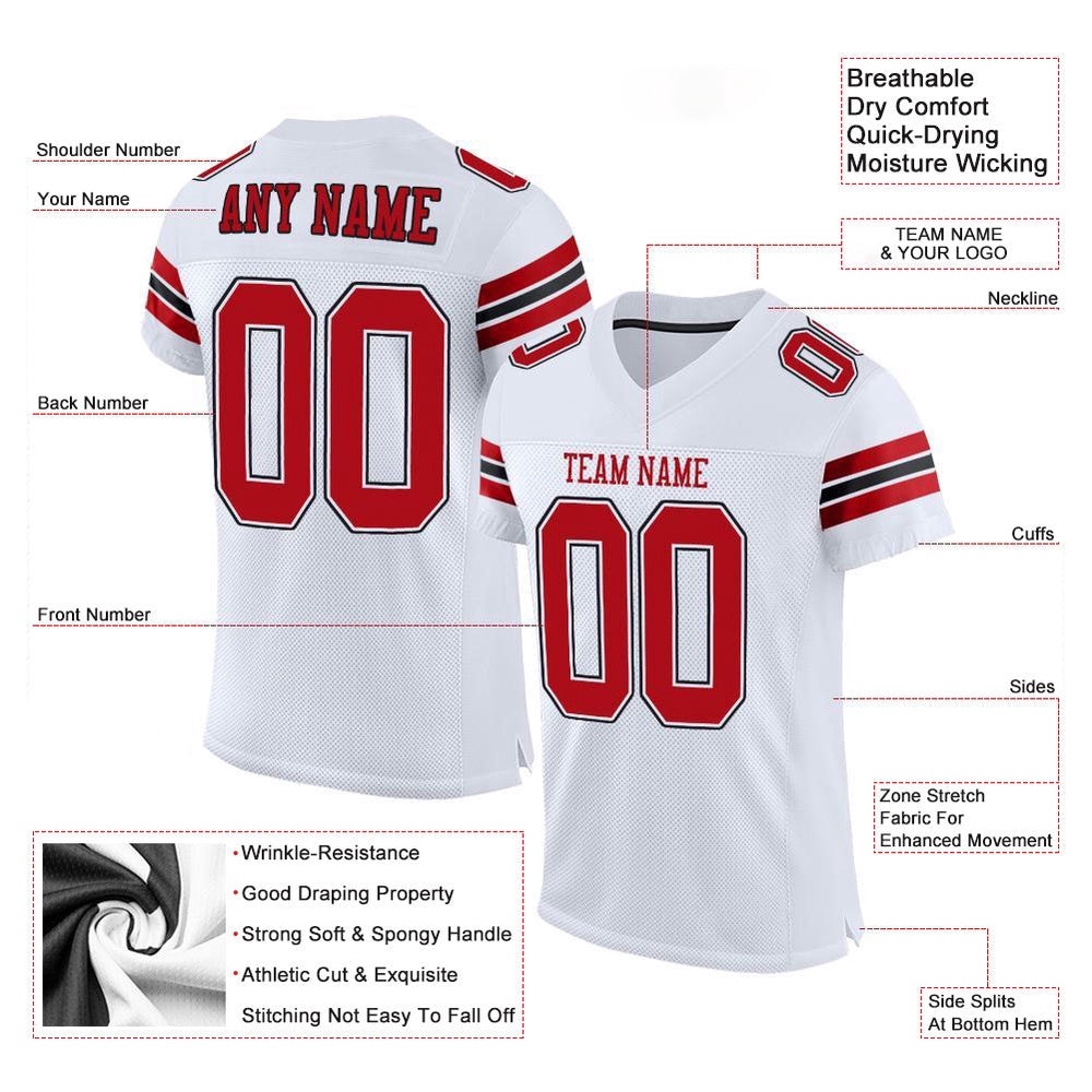 White Red Black Mesh Authentic Football Jersey, Personalized Football Jersey, Football Team Jersey, Football Outfits