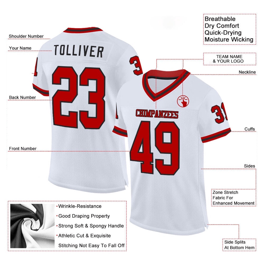 White Red Black Mesh Authentic Throwback Football Jersey, Personalized Football Jersey, Football Team Jersey, Football Outfits