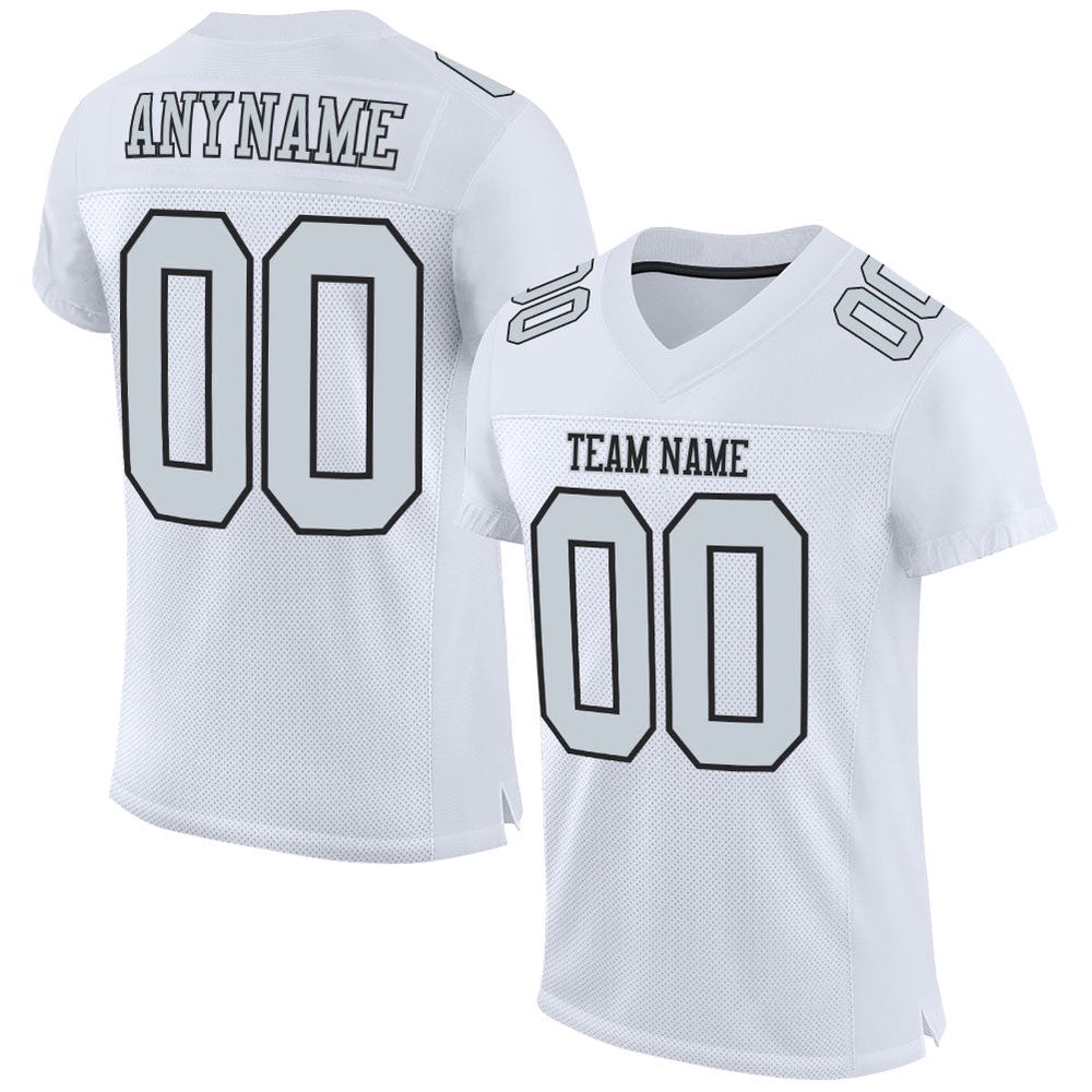 White Silver Black Mesh Authentic Football Jersey, Personalized Football Jersey, Football Team Jersey, Football Outfits White Silver Black Mesh Authentic Football Jersey, Personalized Football Jersey, Football Team Jersey, Football Outfits