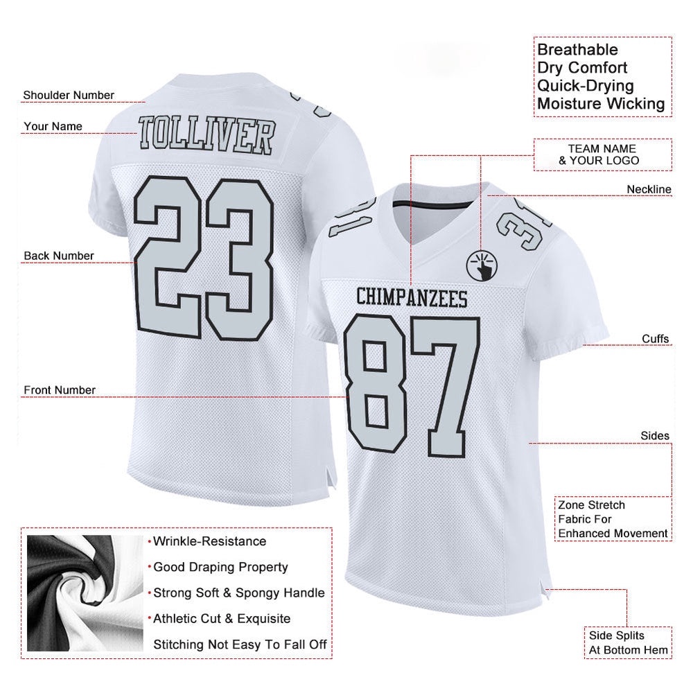 White Silver Black Mesh Authentic Football Jersey, Personalized Football Jersey, Football Team Jersey, Football Outfits White Silver Black Mesh Authentic Football Jersey, Personalized Football Jersey, Football Team Jersey, Football Outfits