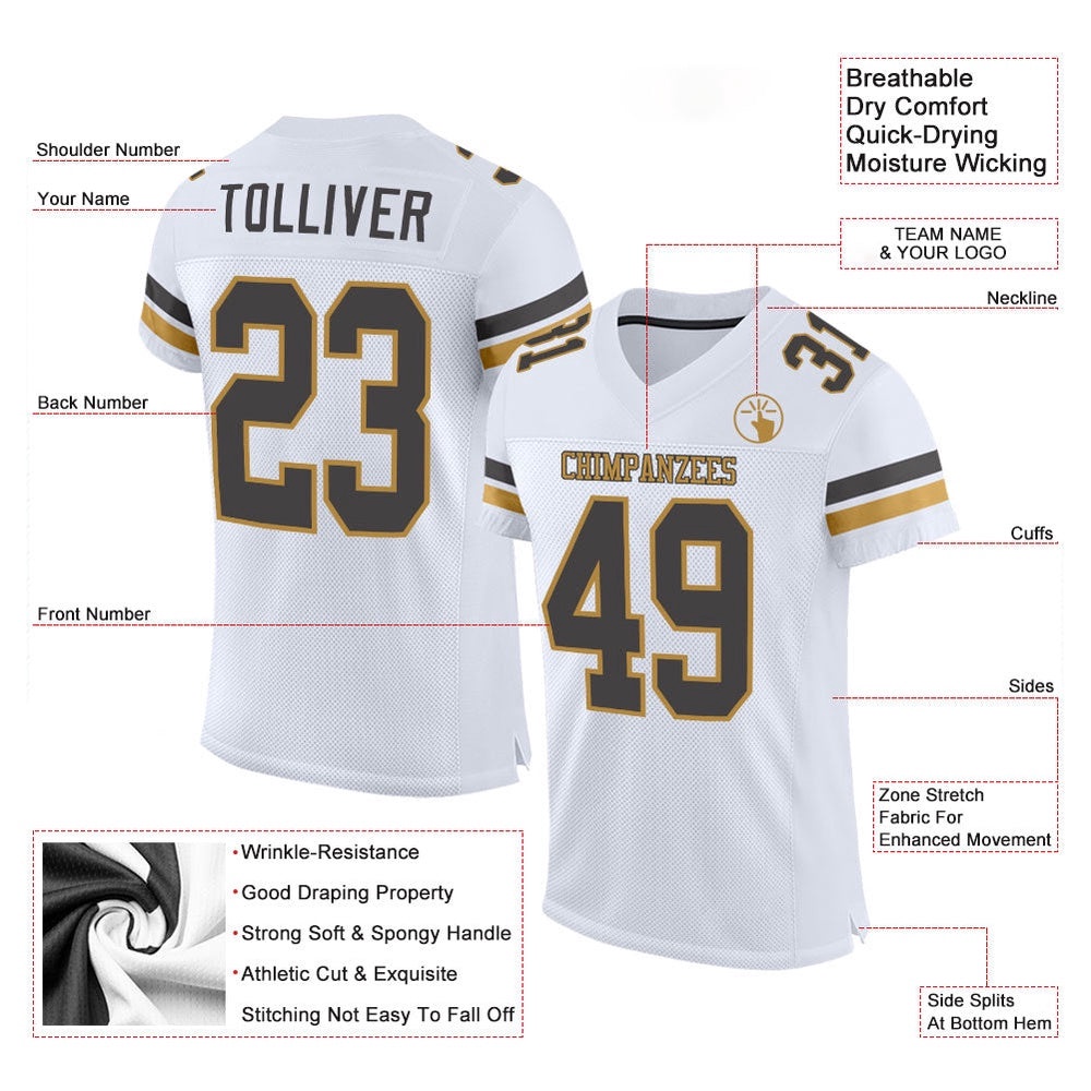 White Steel Gray Old Gold Mesh Authentic Football Jersey, Personalized Football Jersey, Football Team Jersey, Football Outfits