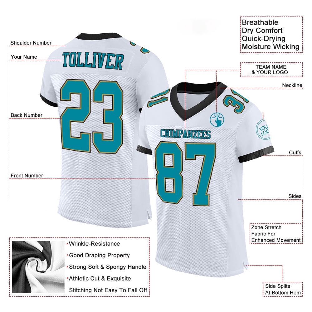 White Teal Old Gold Black Mesh Authentic Football Jersey, Personalized Football Jersey, Football Team Jersey, Football Outfits White Teal Old Gold Black Mesh Authentic Football Jersey, Personalized Football Jersey, Football Team Jersey, Football Outfits