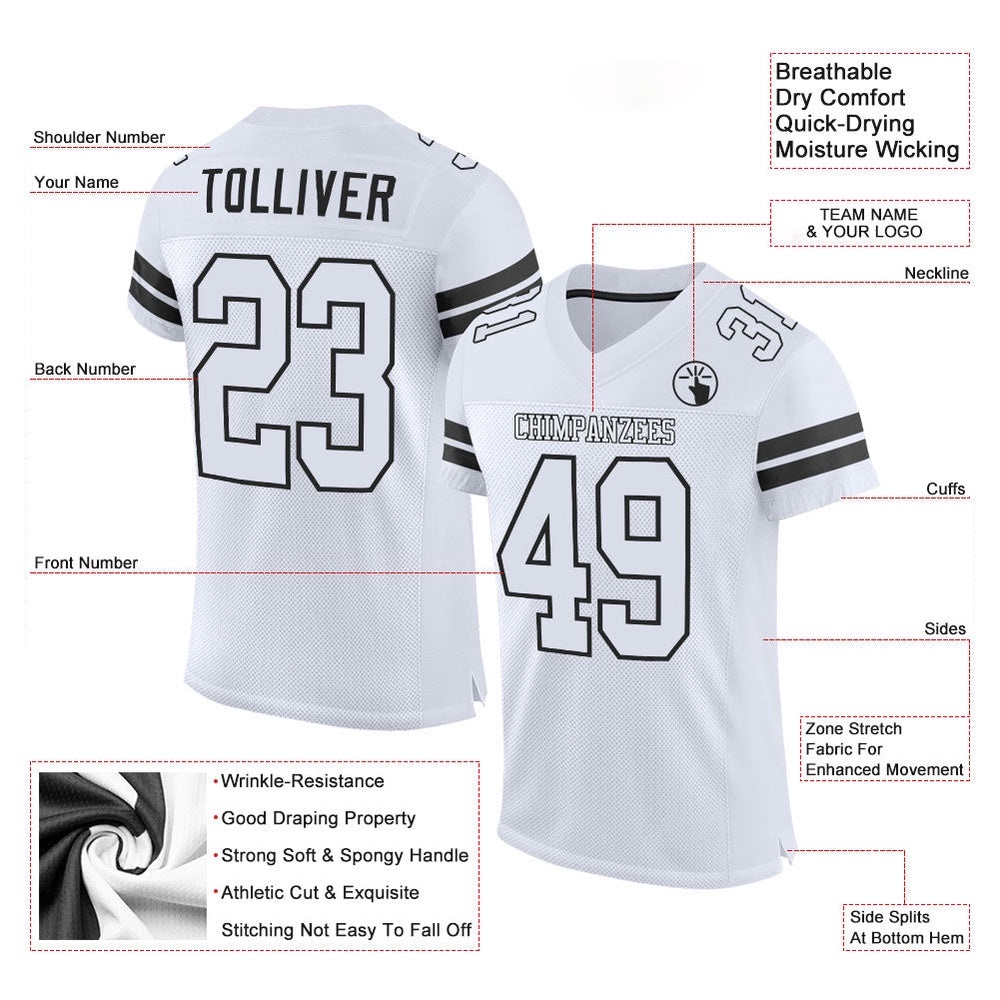 White White Black Mesh Authentic Football Jersey, Personalized Football Jersey, Football Team Jersey, Football Outfits