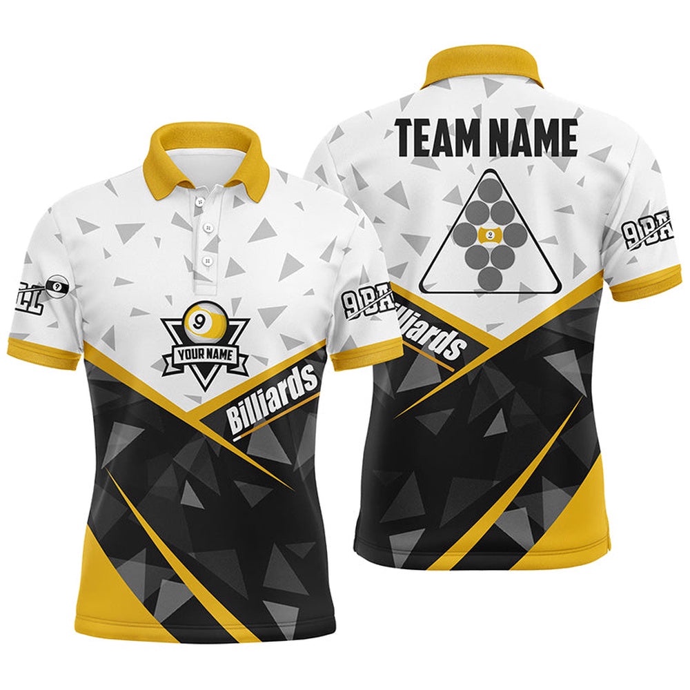White Yellow 9 Ball Pool Polo Shirts, Custom Billiard Balls 9 Ball Team Shirts, Personalized Billiard Polo Shirt