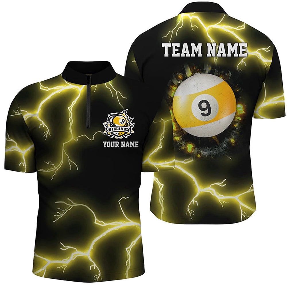 Yellow 9 Ball Pool Thunder Lightning Jersey Shirts Custom Billiards Team Shirts, Personalized Billiard Team Jersey Shirt