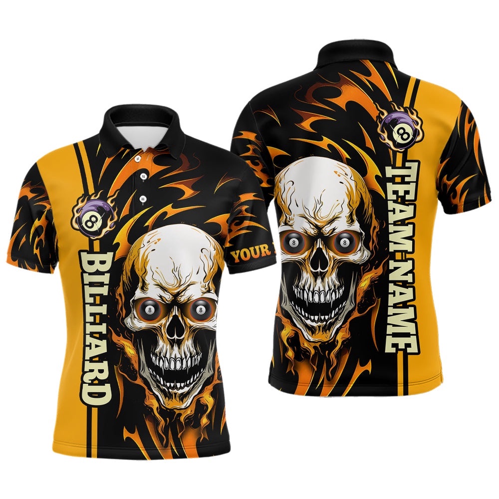 Yellow Billiard Skull Player 3D ‘S Polo Shirts Custom Name Billiard Team Uniform, Personalized Billiard Polo Shirt