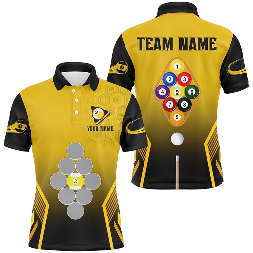 Yellow Black 9 Ball Pool Billiard Shirts Custom 9 Ball Team Polo Shirts, Personalized Billiard Polo Shirt