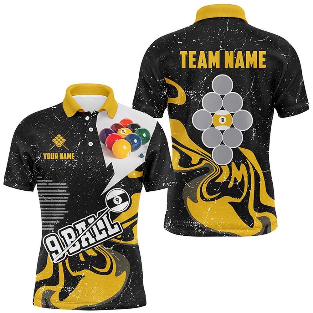 Yellow Black 9 Ball Pool Billiard Shirts Custom Grunge 9 Ball Billiard Team Shirts, Personalized Billiard Polo Shirt